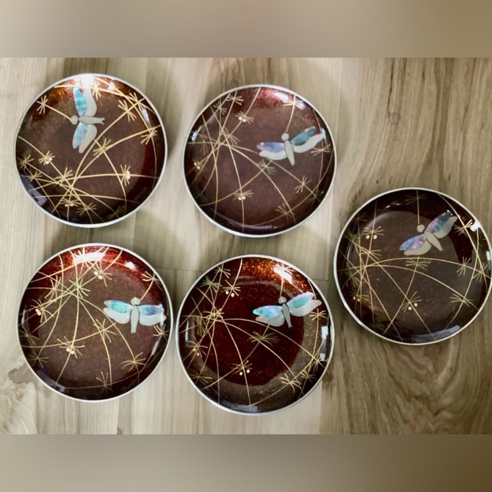 Japanese Nara Arai Lacquerware Urushi 5 Pc Serving Set Inlay MOP Dragonflies - Picture 3 of 9